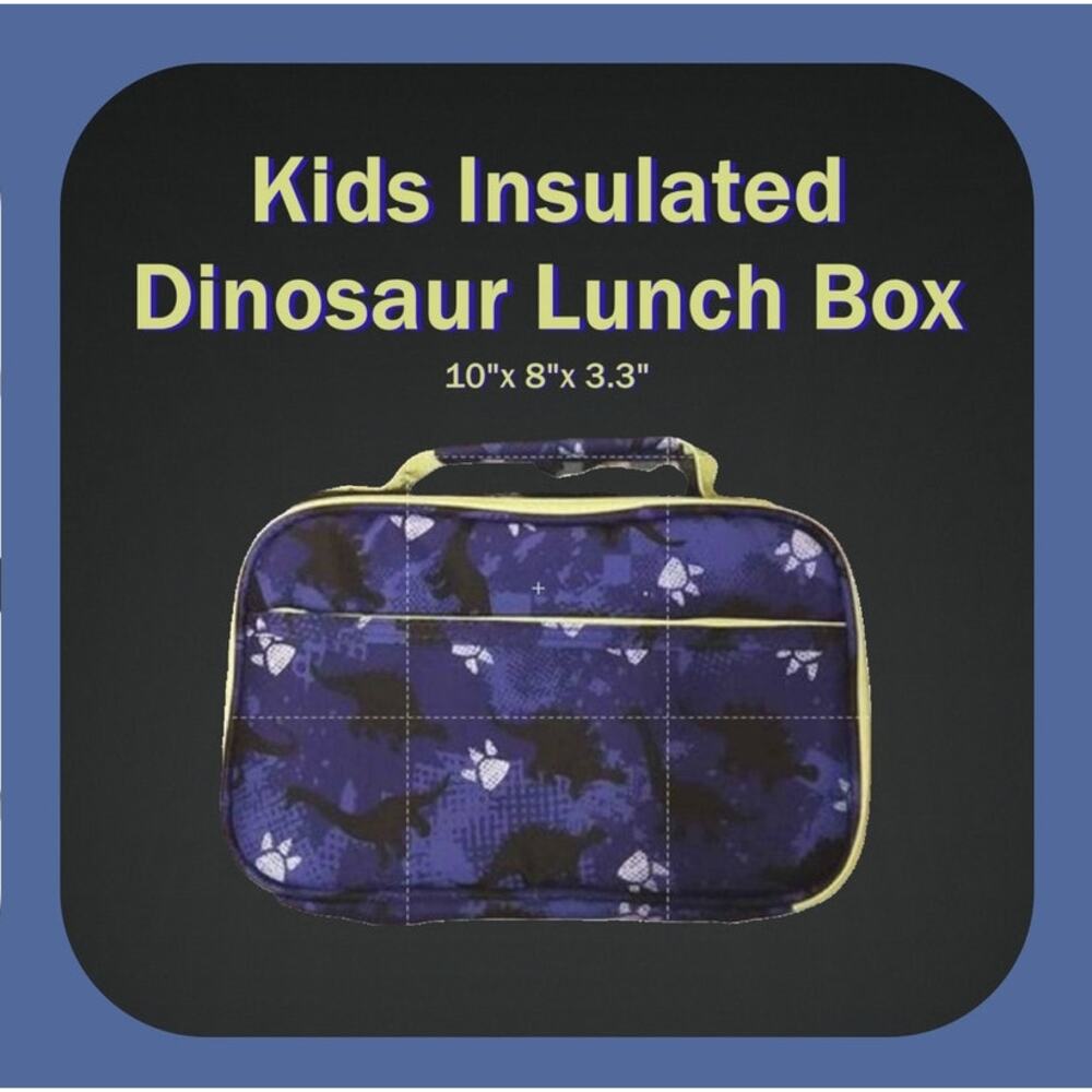 Kids Insulated Dinosaur Zippered Lunch Box with Pockets 10"x 8"x 3.3"